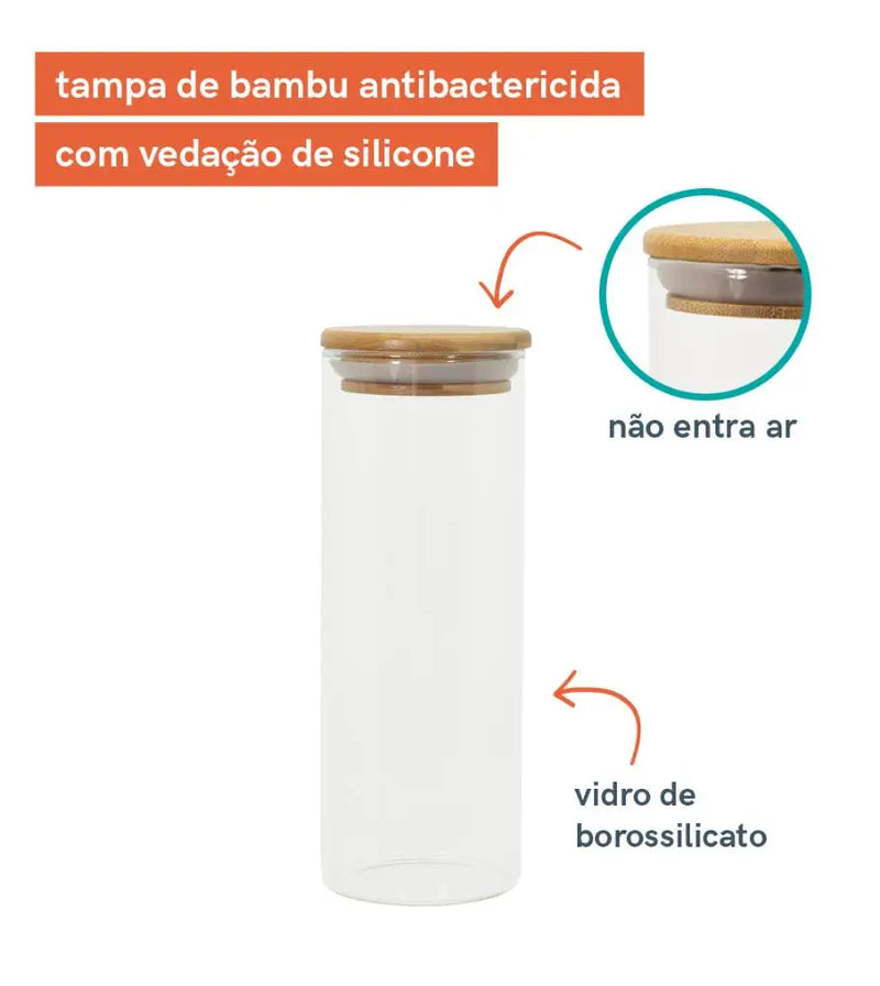 Kit com 6 Potes de Vidro 450ml TPC com Tampa de Bambu