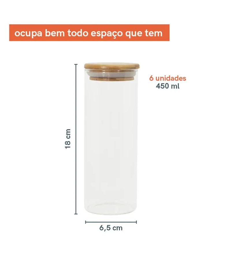 Kit com 6 Potes de Vidro 450ml TPC com Tampa de Bambu