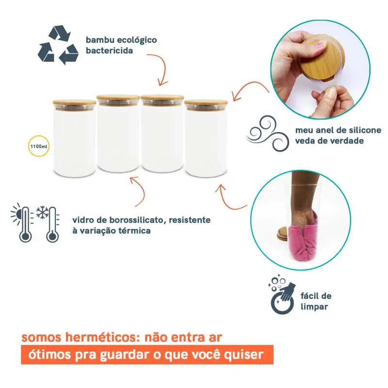 Conjunto de Potes de Vidro TPC para Mantimentos 1100ml com Tampa de Bambu (4 peças)