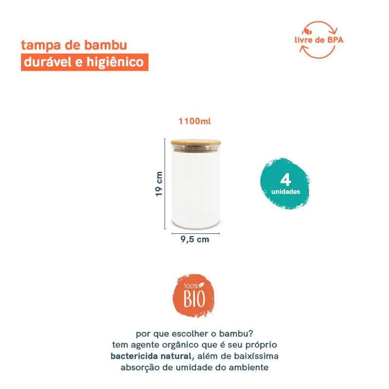 Conjunto de Potes de Vidro TPC para Mantimentos 1100ml com Tampa de Bambu (4 peças)