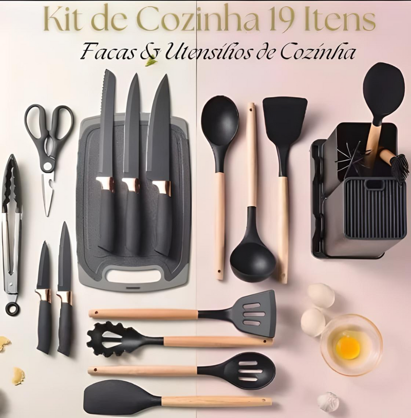 Kit 19 utensílios de silicone TPC incluindo tábua, tesoura e facas