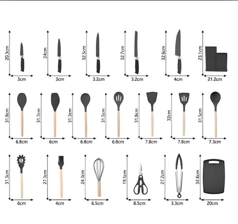 Kit 19 utensílios de silicone TPC incluindo tábua, tesoura e facas