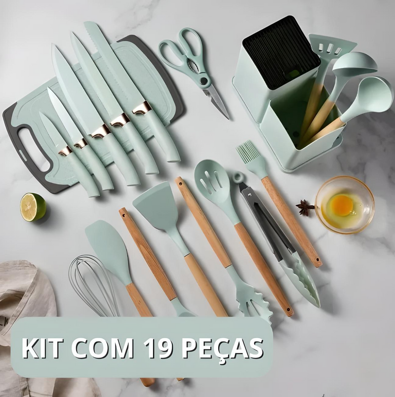 Kit 19 utensílios de silicone TPC incluindo tábua, tesoura e facas