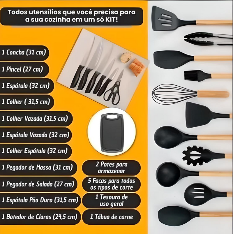 Kit 19 utensílios de silicone TPC incluindo tábua, tesoura e facas