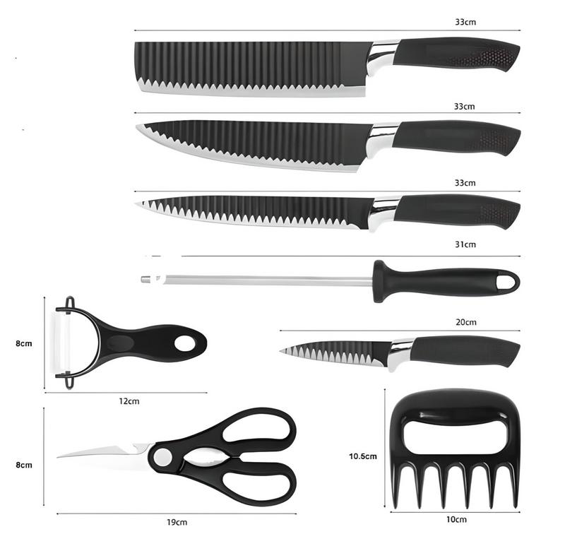 Kit de Facas TPC Premium Inox com Peeler e Tesoura – 8 Peças com Cabo de Borracha