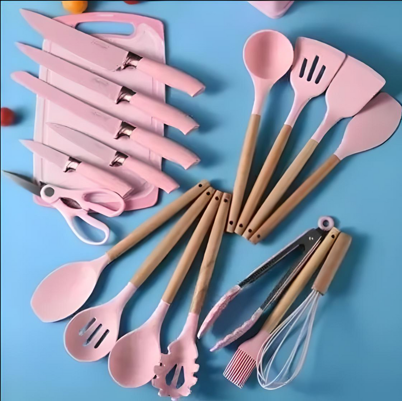 Kit 19 utensílios de silicone TPC incluindo tábua, tesoura e facas